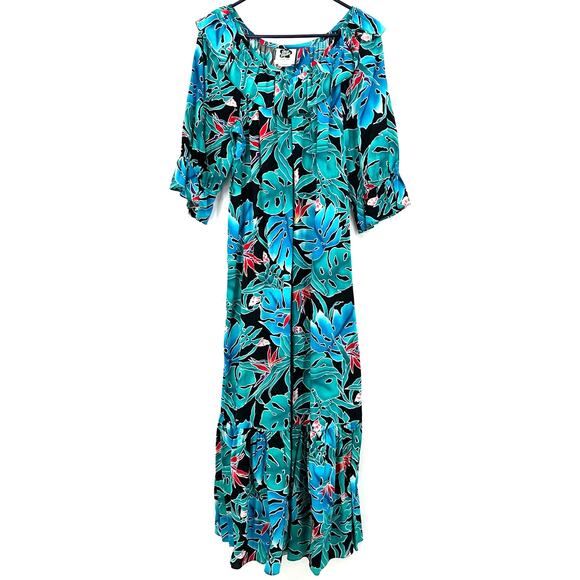 Hilo Hattie Size L 3/4 Sleeve Boat Neck Long Dress Blue Tropical Print Casual - Picture 1 of 5